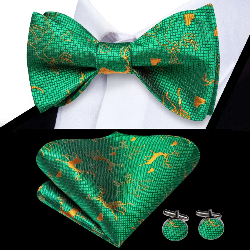 classic silk necktie ideas for office meetings-$9.99 Christmas Green Golden Deer Novelty Self-tied Bow Tie Pocket Square Cufflinks Set