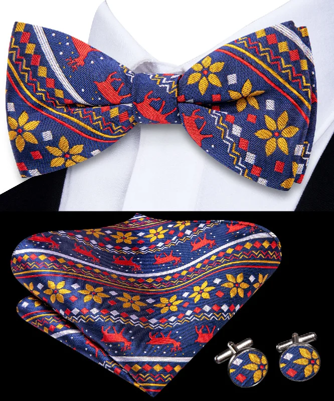 unique silk necktie combinations for business wear-$9.99 Christmas OceanBlue Red Deer Pre-tied Bowtie Pocket Square Cufflinks Set