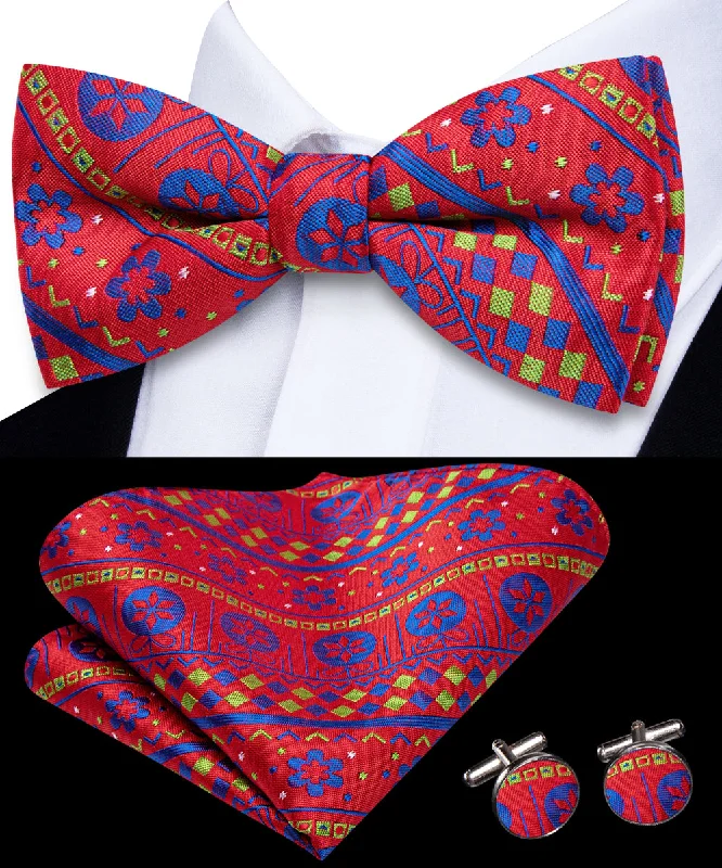 trendy silk wedding tie sets for men-$9.99 Red Christmas Blue Flower Pre-tied Bowtie Pocket Square Cufflinks Set