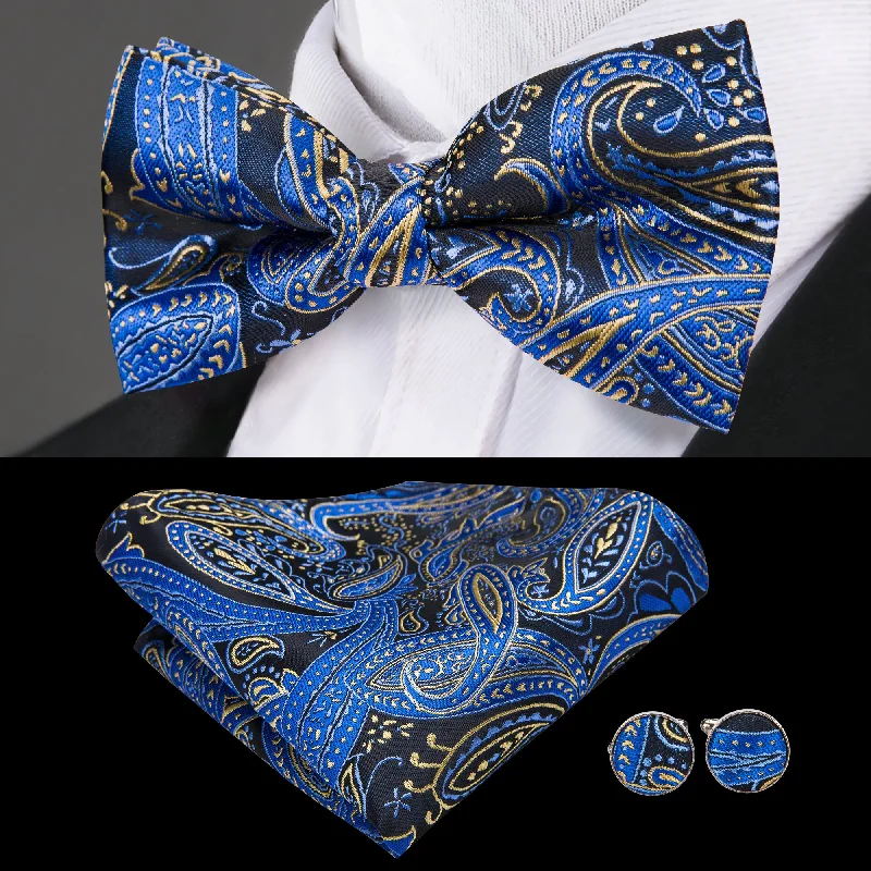 classic silk necktie sets for office meetings-Black Blue Yellow Paisley Pre-tied Bow Tie Hanky Cufflinks Set