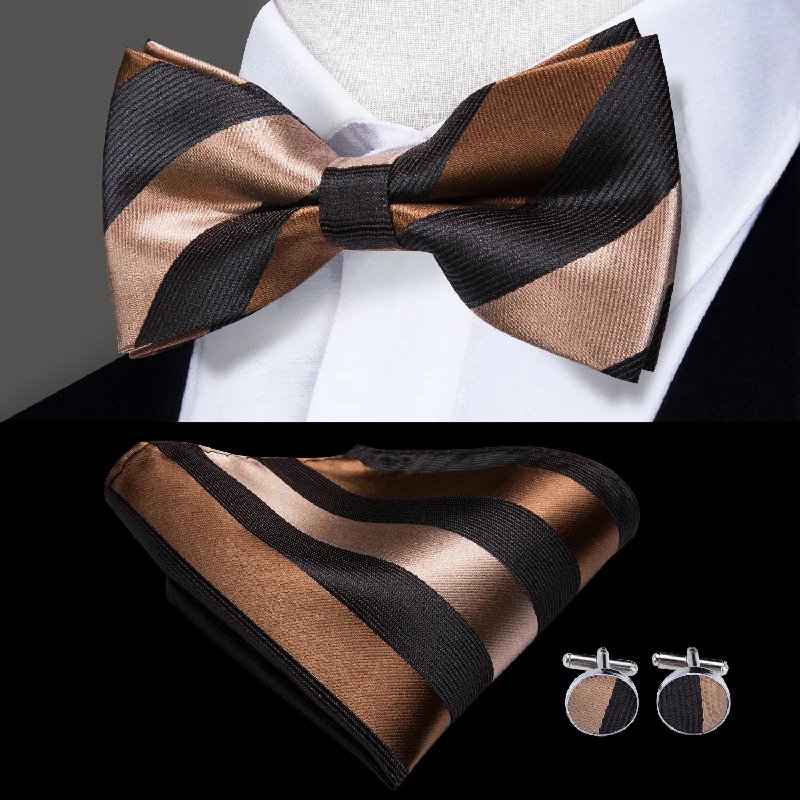 classic silk wedding necktie colors for men-Black Brown Striped Men's Pre-tied Bowtie Pocket Square Cufflinks Set