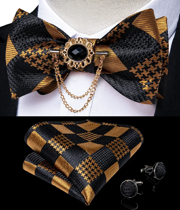 luxury silk necktie options for wedding celebrations-Black Golden Plaid Self-tied Silk Bow Tie Pocket Square Cufflinks Set with Lapel Pin