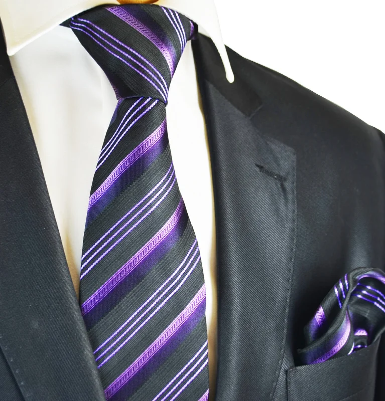 affordable silk necktie designs for business wear-Purple and Black Striped Tie and Pocket Square