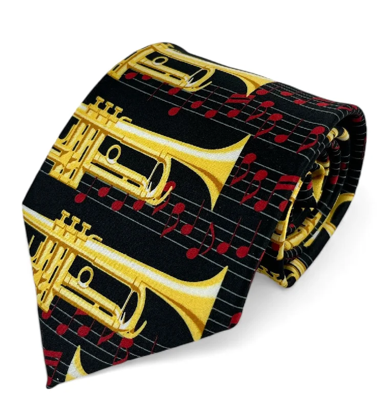 vibrant silk necktie colors for corporate wear-Black, Red and Gold Trumpet Musical Necktie Set