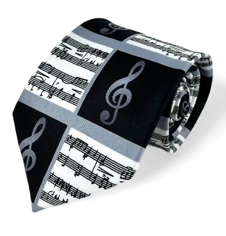 stylish silk necktie patterns for business wear-Black and White Musical Notes Necktie Set