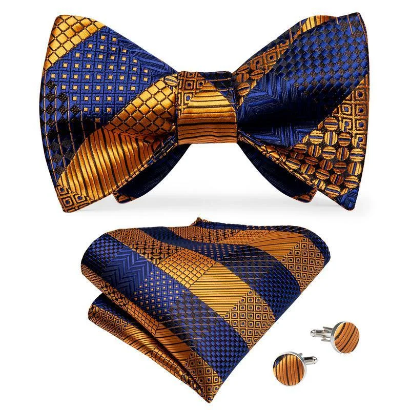 classic silk wedding necktie patterns for men-Blue Golden Plaid Self-tied Silk Bow Tie Pocket Square Cufflinks Set