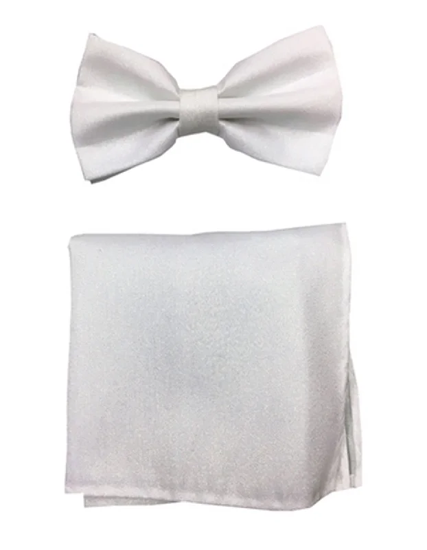 premium silk wedding tie ideas for men-Silver Bow Tie & Hanky Set