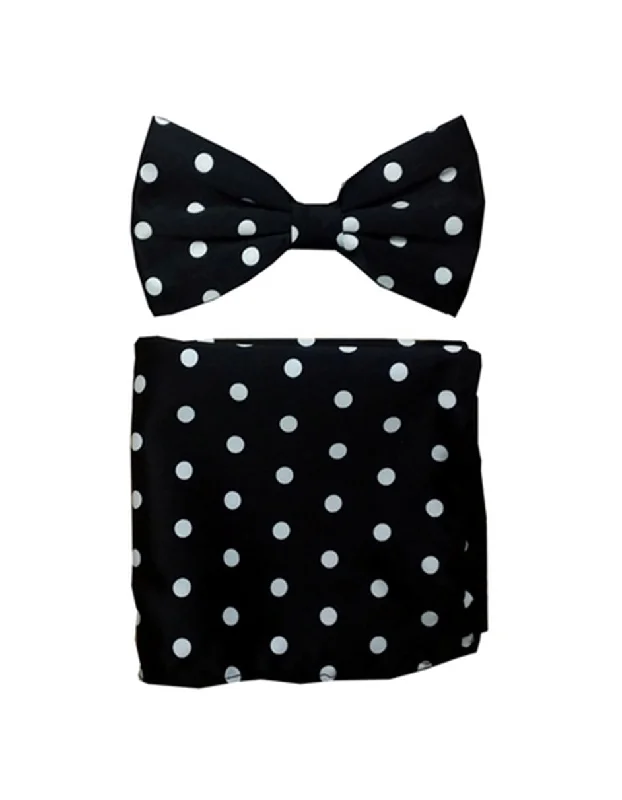 affordable silk bow ties for corporate wear-Black & White Polka Bow Tie Set