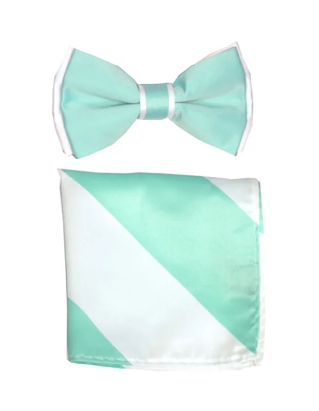 slim silk wedding necktie sets for men-Mint Green & White Bow Tie Set