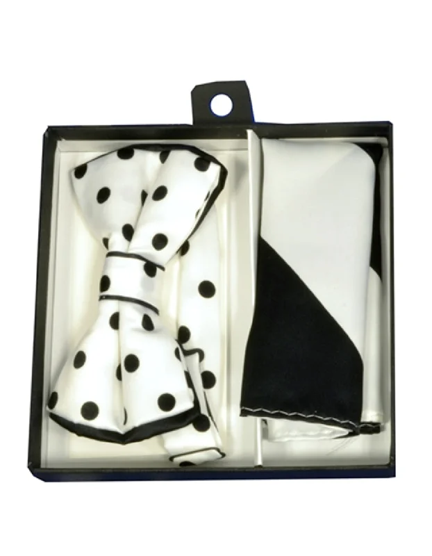 elegant silk bow ties for formal occasions-White & Black Dot Bow Tie Set