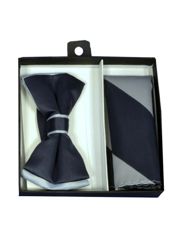 trendy silk necktie combinations for weddings-Black & Silver Bow Tie Set