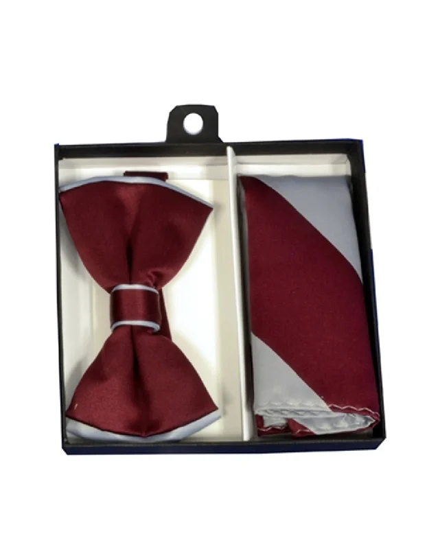 unique silk wedding bow ties for men-Burgundy & Silver Bow Tie Set