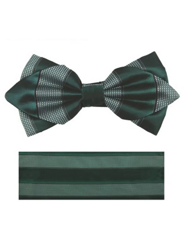 slim silk necktie sets for weddings-Olive Green Stripe Bow Tie Set