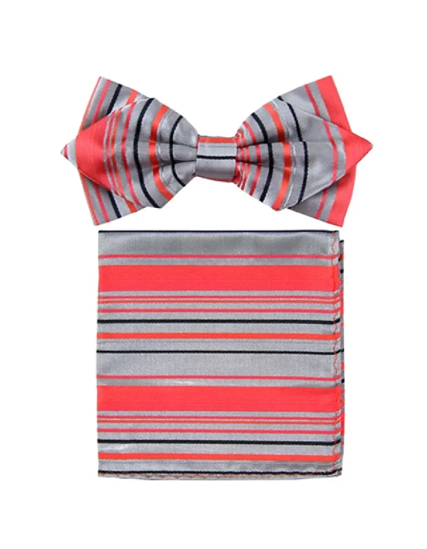 premium silk necktie patterns for office events-Red & Grey Stripe Bow Tie Set