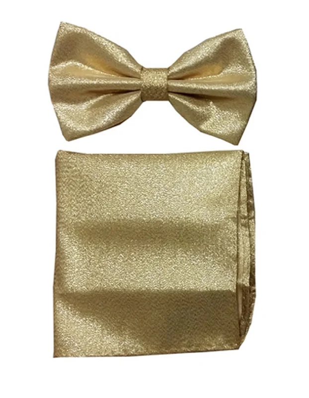 trendy silk necktie ideas for wedding celebrations-Shiny Gold Bow Tie Set