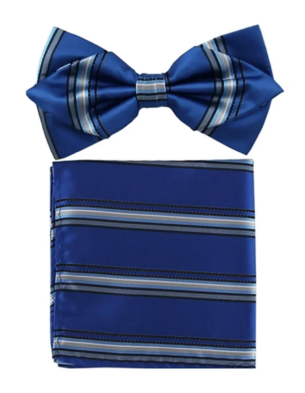 unique silk necktie options for weddings-Indigo Blue Stripe Bow Tie Set