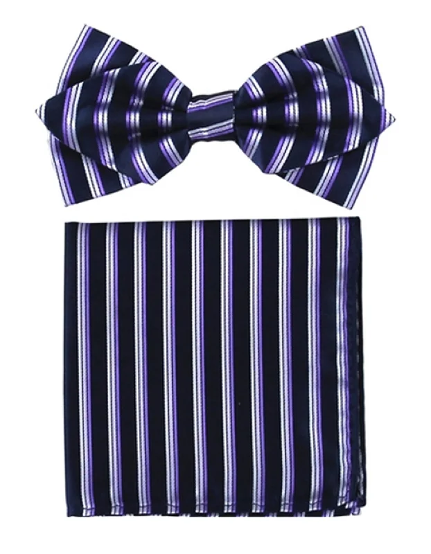 trendy silk wedding bow ties for men-Lavender Stripe Bow Tie Set