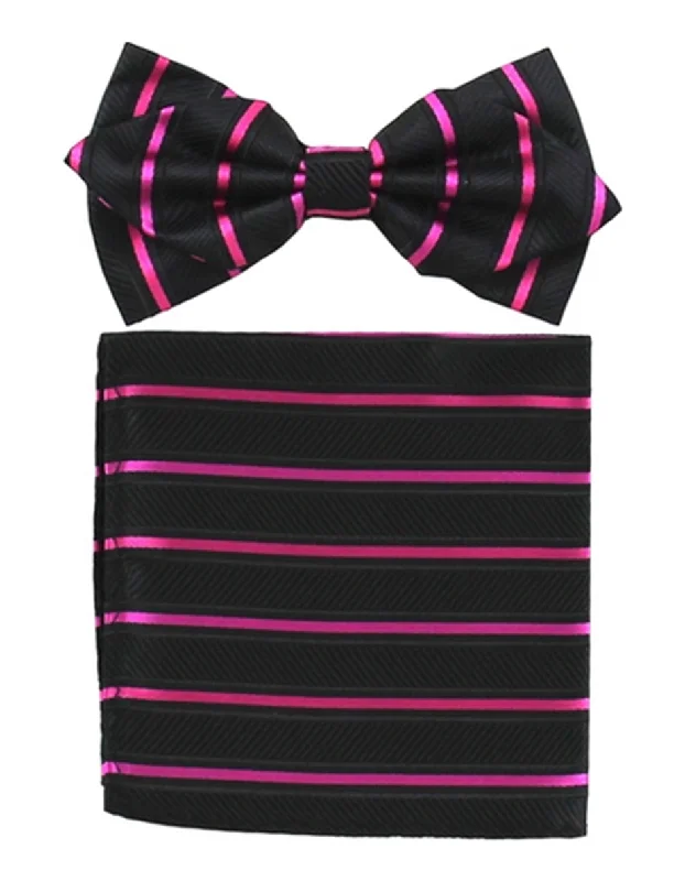 premium silk necktie designs for office wear-Black & Hot Pink Bow Tie Set