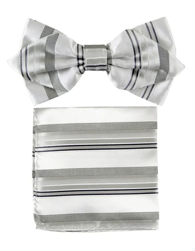 stylish silk necktie colors for office wear-Silver Stripe Bow Tie Set