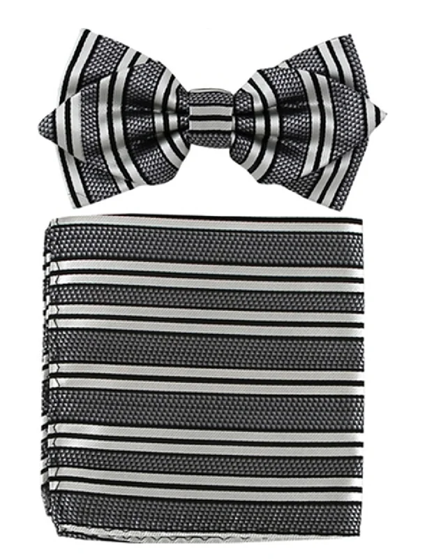 high-end silk necktie combinations for office wear-Black Stripe Bow Tie Set