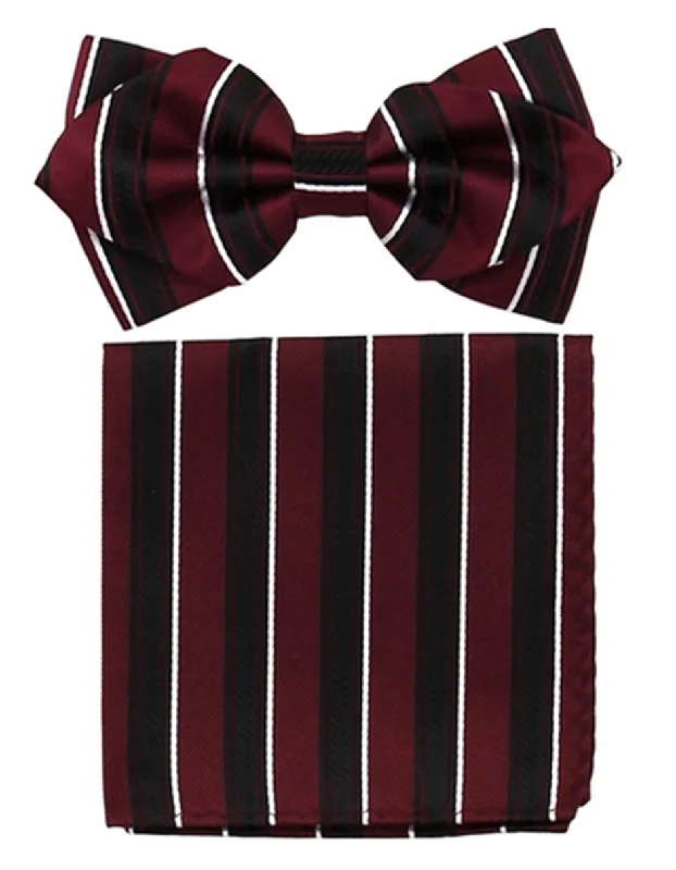 trendy silk wedding bow ties for men-Burgundy Stripe Bow Tie Set