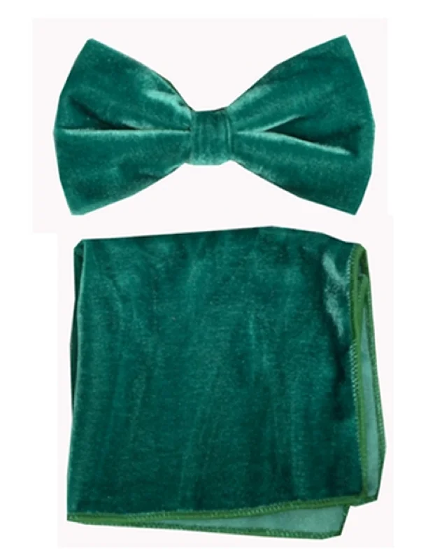 trendy silk necktie sets for business wear-Green Velvet Bow Tie Set