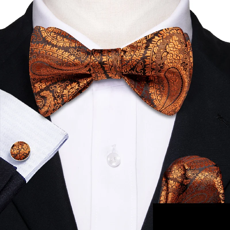 luxury silk necktie sets for office wear-Bronze Brown Paisley Self-tied Silk Bow Tie Pocket Square Cufflinks Set