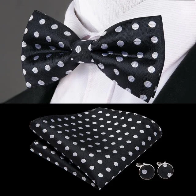 best silk necktie colors for office wear-Classic Black White Polka Dot Pre-tied Bow Tie Hanky Cufflinks Set