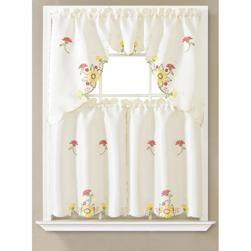 vibrant silk necktie designs for business events-Daisy Floral Embroidered Kitchen Curtain Set with Valance & Tiers