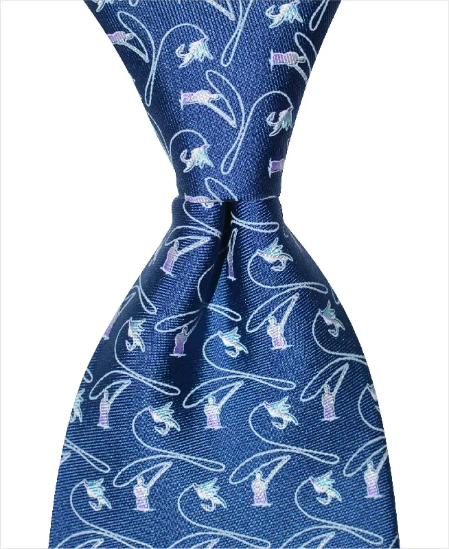 slim silk necktie designs for office meetings-Fly Fishing Tie - Navy