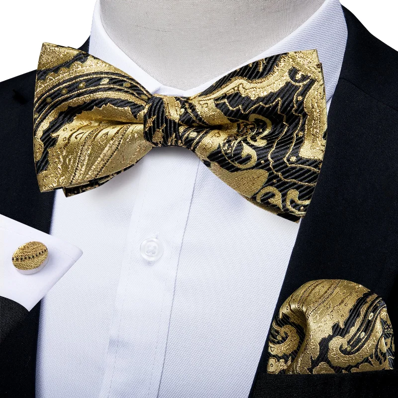 slim silk necktie colors for office wear-Golden Black Paisley Men's Pre-tied Bowtie Pocket Square Cufflinks Set