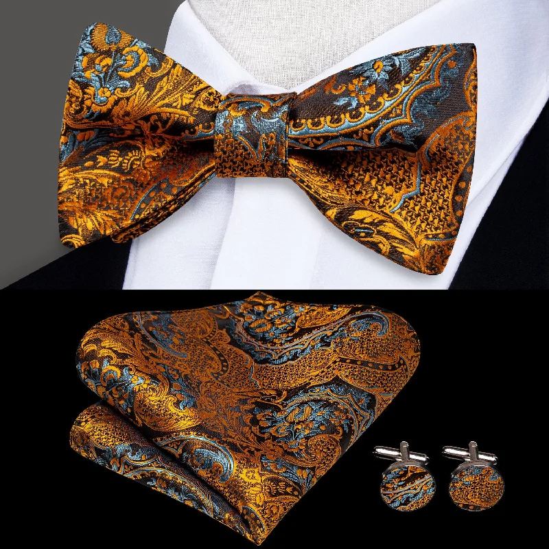 trendy silk necktie ideas for weddings-Golden Blue Paisley Self-tied Bow Tie Pocket Square Cufflinks Set