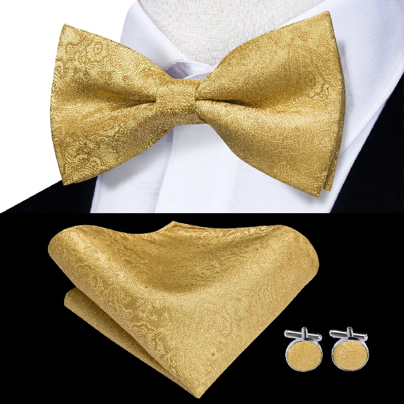 best silk necktie designs for weddings-Golden Paisley Men's Pre-tied Bowtie Pocket Square Cufflinks Set