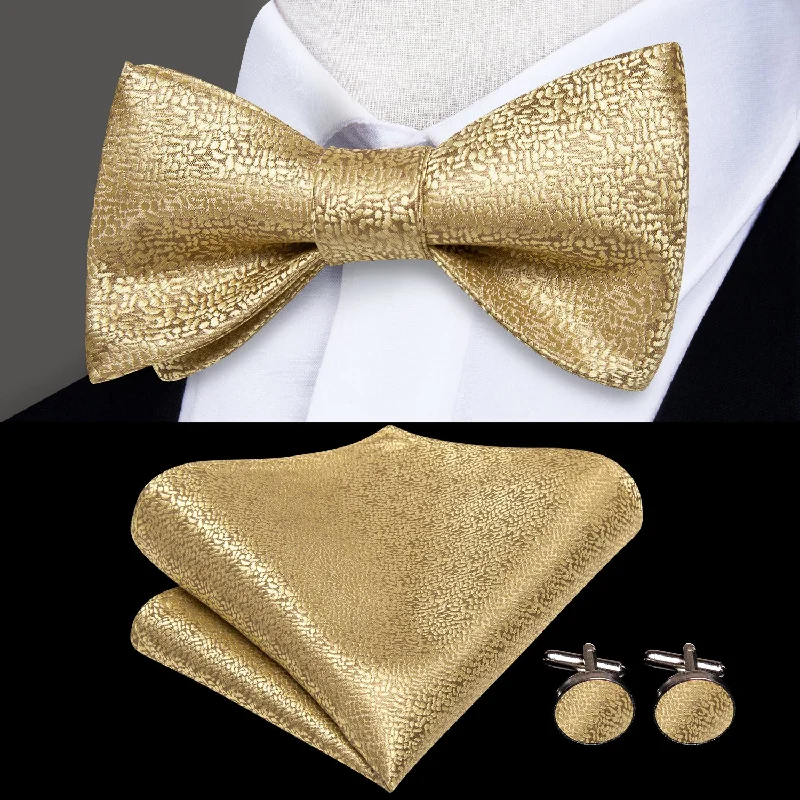 vibrant silk necktie sets for corporate events-Golden Solid Self-tied Bow Tie Pocket Square Cufflinks Set