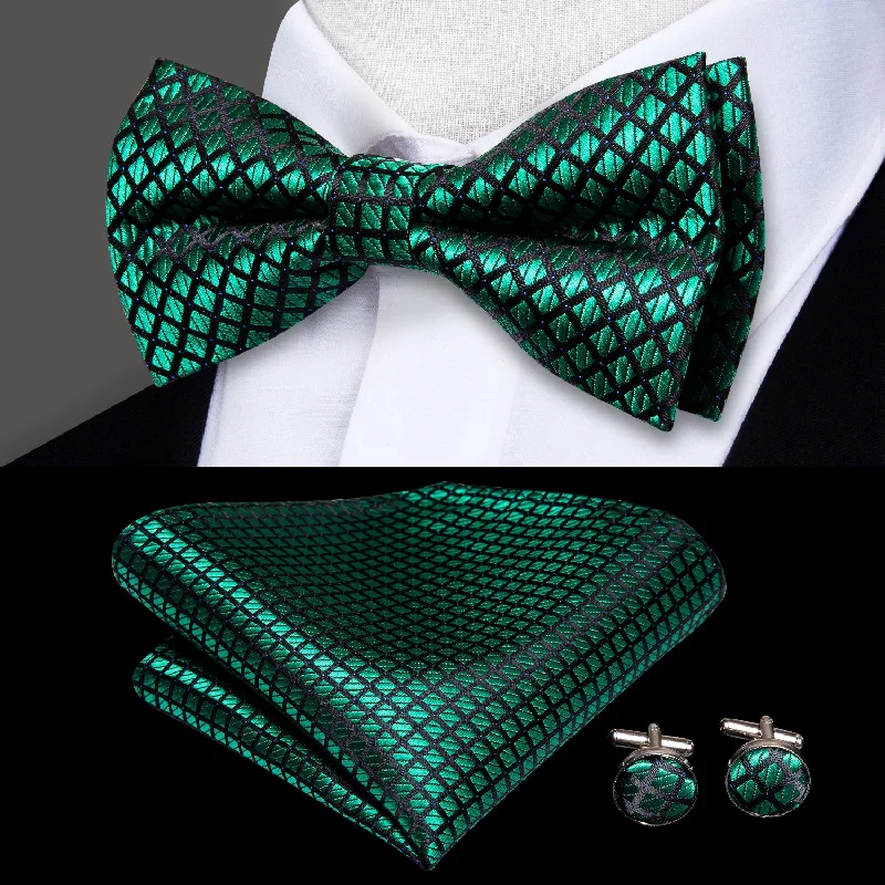 designer silk necktie patterns for office meetings-Green Black Plaid Pre-tied Bow Tie Hanky Cufflinks Set