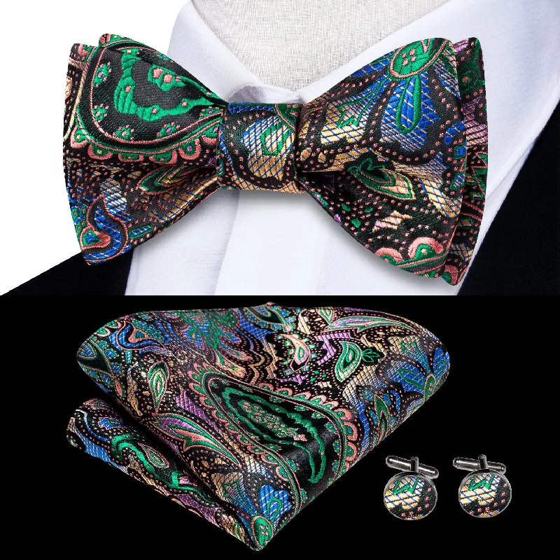 vibrant silk necktie sets for wedding celebrations-Green Blue Gradient Paisley Self-tied Bow Tie Pocket Square Cufflinks Set