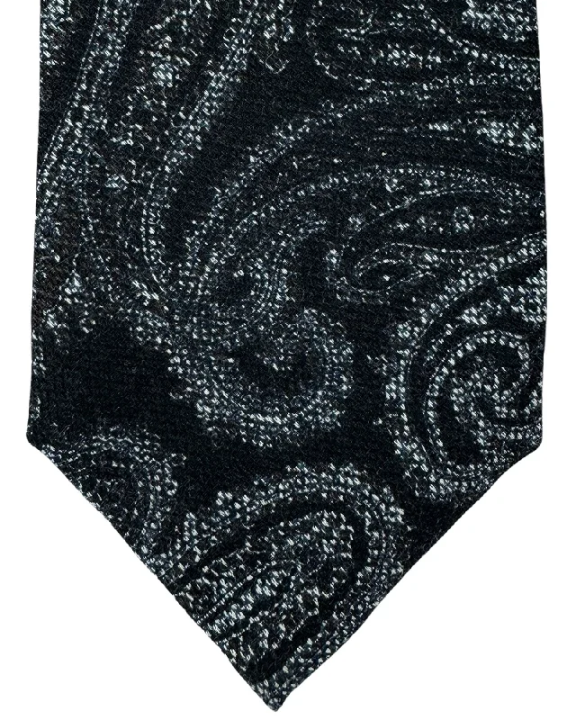 affordable silk wedding tie options for men-Isaia Sevenfold Tie Black Gray Paisley - Wool Silk Necktie