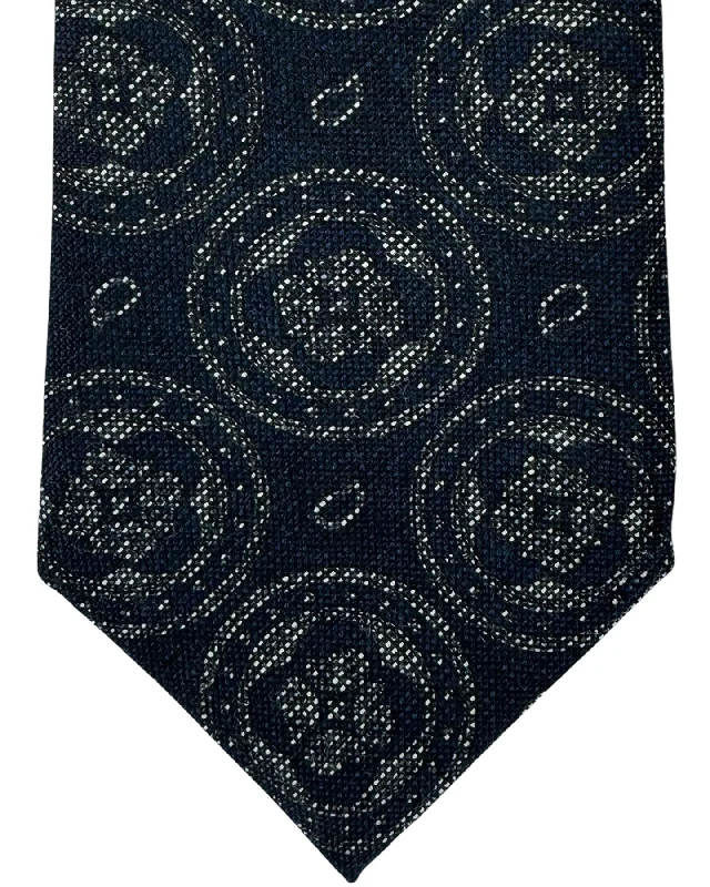 luxurious silk wedding bow ties for men-Isaia Sevenfold Tie Black Gray Medallion - Wool Silk Necktie