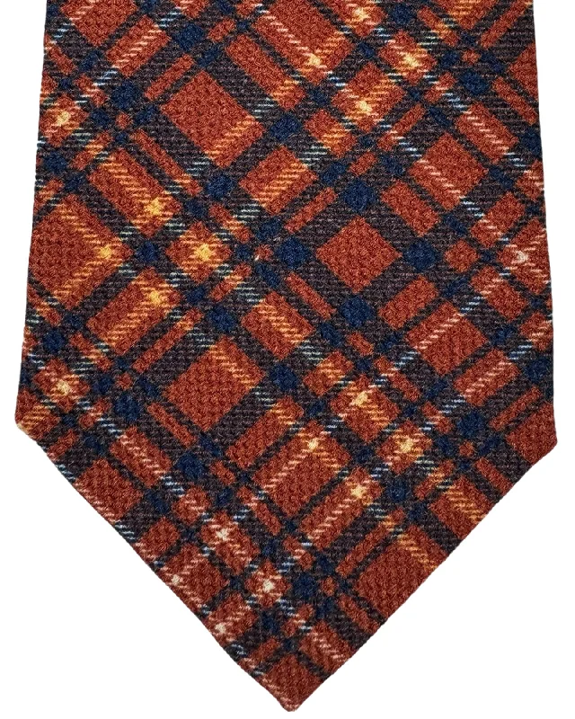 designer silk wedding necktie ideas for men-Isaia Sevenfold Tie Brown Navy Plaid - Wool Silk Necktie SALE