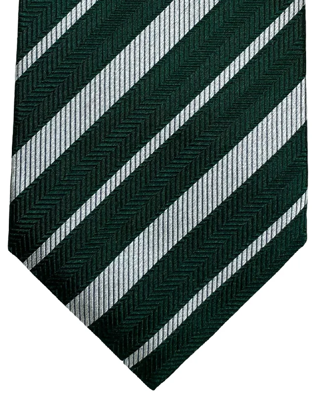 slim silk necktie designs for office meetings-Isaia Sevenfold Tie Dark Green Silver Stripes - Silk Necktie