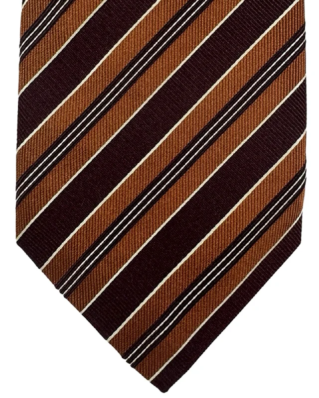 vibrant silk wedding tie combinations for men-Isaia Tie Brown Stripes Design - Sevenfold Silk Necktie SALE