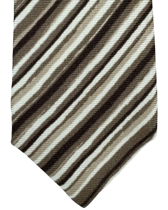 classic silk necktie designs for office wear-Kiton Silk Tie Brown White Stripes Design - Sevenfold Necktie FINAL SALE