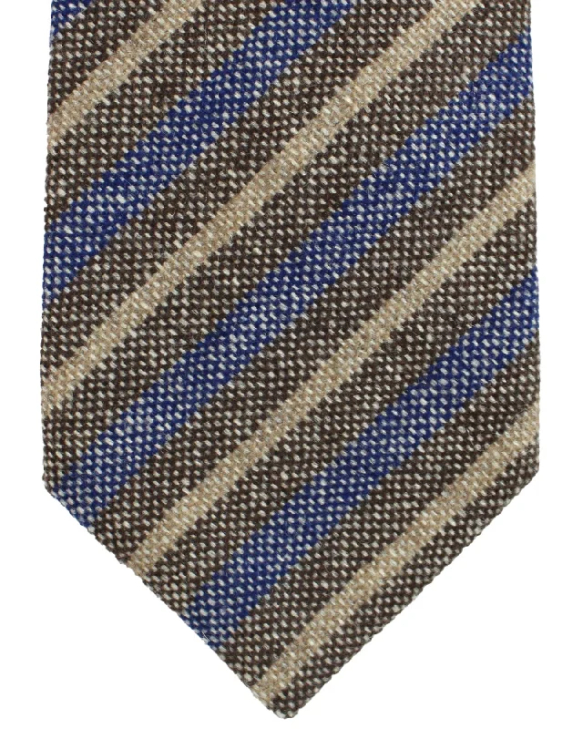 trendy silk wedding necktie patterns for men-Luigi Borrelli Cashmere Tie Brown Lapis Blue Stripes - Sartorial