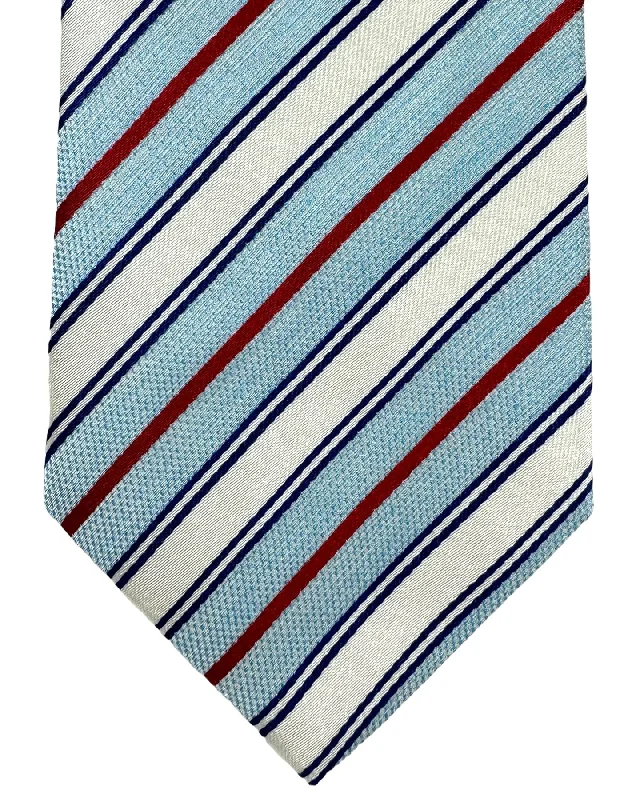 vibrant silk wedding necktie colors for office wear-Luigi Borrelli Silk Tie Sky Blue Dark Red Navy Stripes FINAL SALE