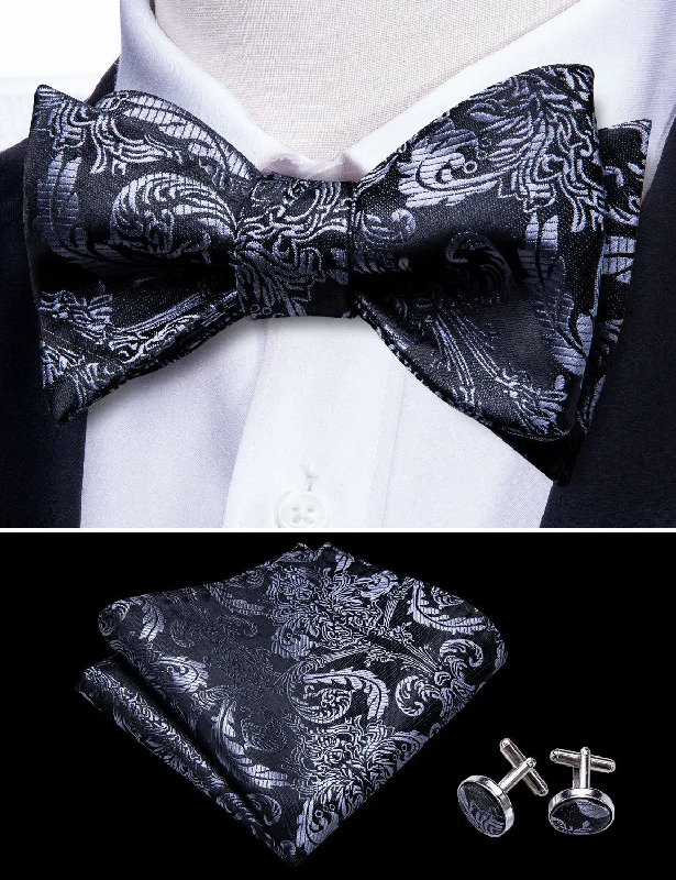 slim silk necktie combinations for wedding events-Luxury Black Silver Paisley Self-tied Bow Tie Pocket Square Cufflinks Set