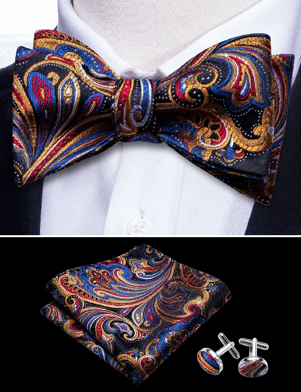 luxury silk necktie sets for business events-Luxury Golden Blue Paisley Self-tied Bow Tie Pocket Square Cufflinks Set