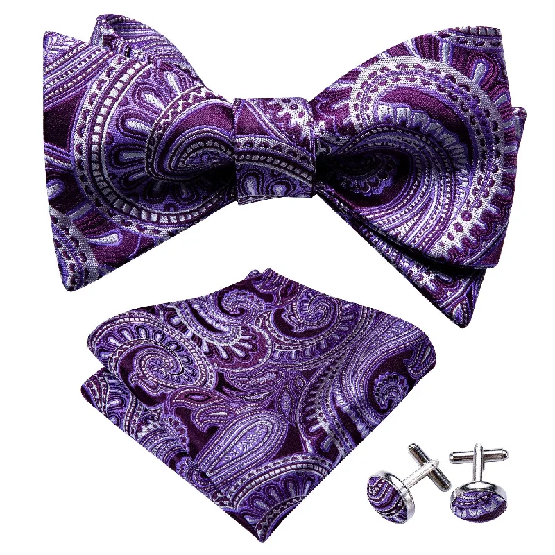 premium silk necktie designs for business meetings-Luxury Purple Paisley Self-tied Bow Tie Pocket Square Cufflinks Set