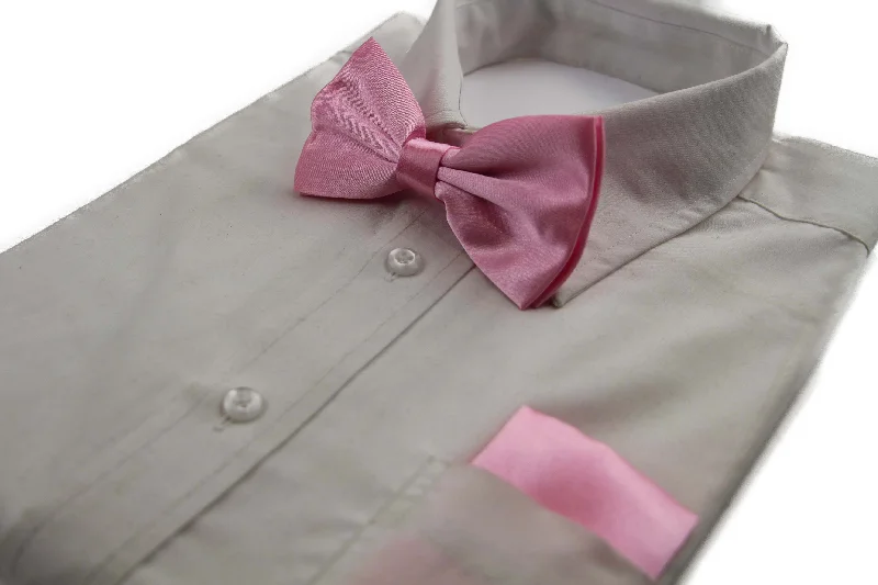 designer silk necktie designs for office wear-Mens Baby Pink Plain Bow Tie & Matching Pocket Square Set