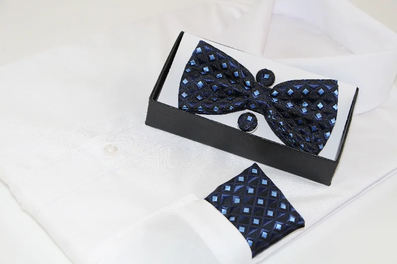 stylish silk necktie patterns for wedding events-Mens Black & Blue Diamond Matching Bow Tie, Pocket Square & Cuff Links Set