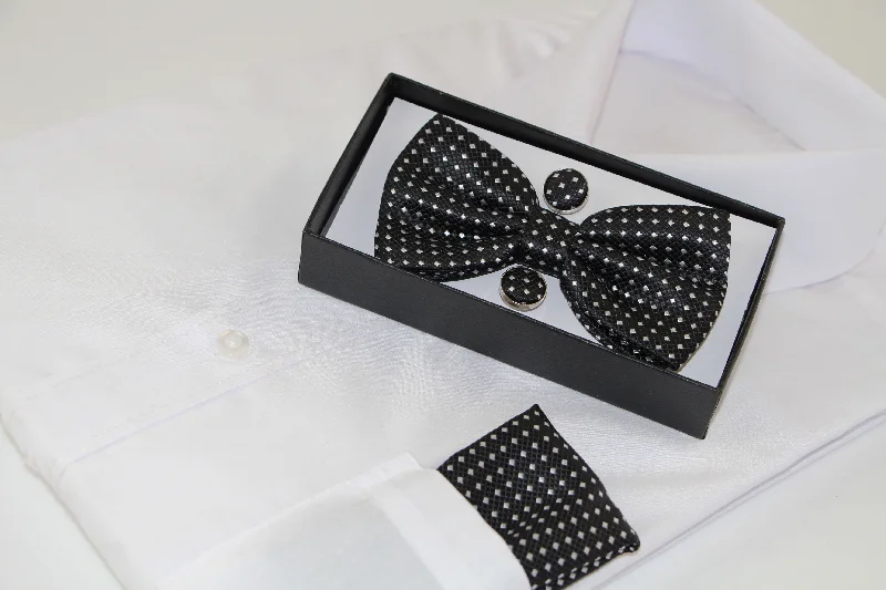 trendy silk wedding necktie options for men-Mens Black Checkered Matching Bow Tie, Pocket Square & Cuff Links Set